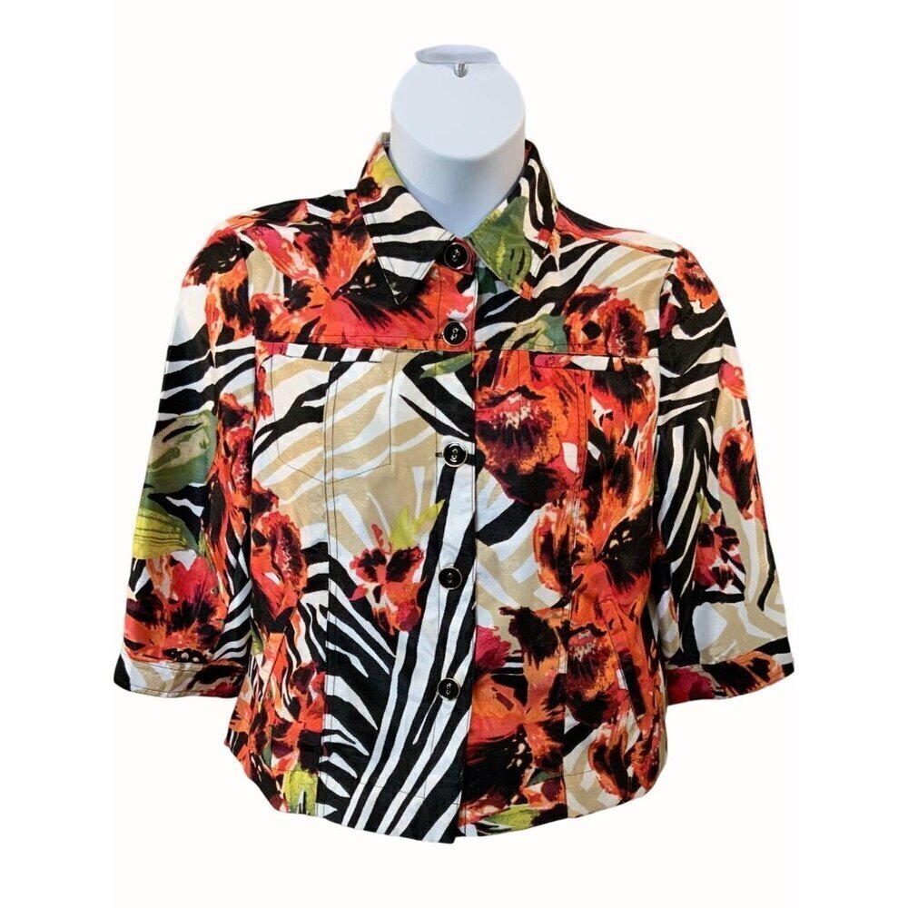 N Touch Petite Multicolor Floral Zebra Print Button Up Blazer Quarter Sleeves LP